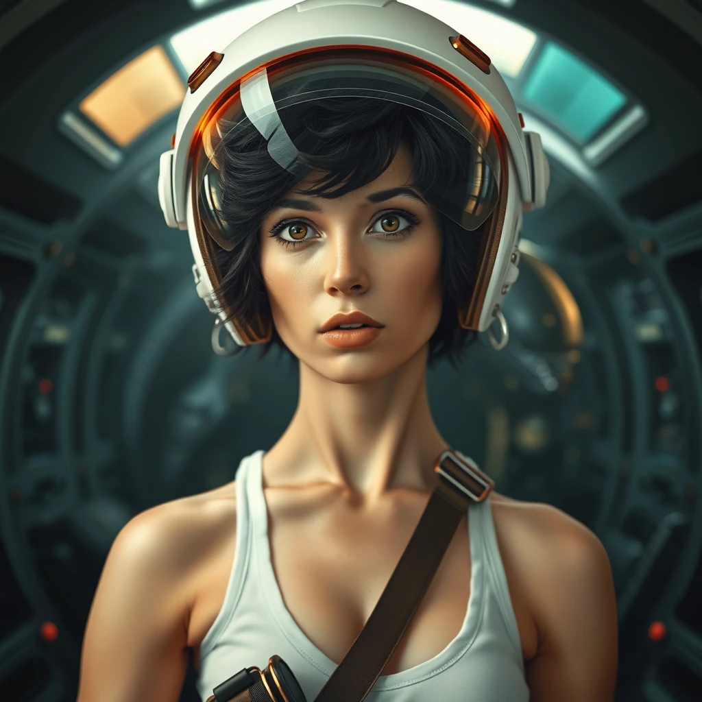 Early Renaissance portrait painting by Sandro Botticelli and Donatello. 27-year-old Ellen Ripley from the movie Alien, cropped short dark wavy hair, white tank top. Wearing 1950s vintage black spacesuit cadet uniform with steampunk accessories inside a futuristic spaceship. Gorgeous, giddy heroine, white space helmet with glowing orange translucent glass visor and goggles, deep v-neck, woman, journey to space, tense, whiplash curves. Dynamic pose, hyperdetailed, hyperrealistic. In the style of 1980s American sci-fi Space Agency movie poster. Volumetric lighting. Dark gothic and moody thriller horror Xenomorph Alien in the background.