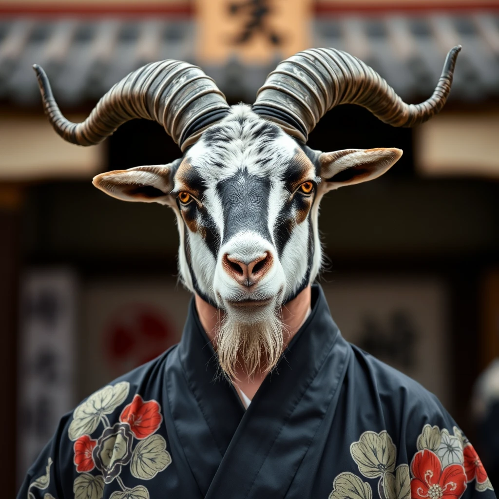 A man with a goat head wearing a black kimono.