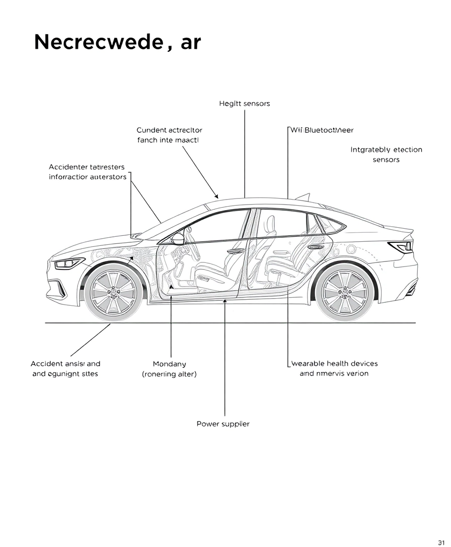 Create a detailed hardware name very clear black and white sketch of a car equipped with an advanced accidental alert system, focusing on the hardware components and their specific installation locations. The microcontroller/processor should be shown mounted under the dashboard or in a central control unit. Illustrate the accident detection sensors, with the accelerometer and gyroscope integrated into the vehicle’s central control unit or under the dashboard, and impact sensors placed at strategic points around the vehicle (front, rear, and sides). Depict the communication modules, including the GSM/LTE module under the dashboard or in the central control unit, and the Wi-Fi/Bluetooth module integrated with the microcontroller. Show the GPS module mounted on the dashboard or integrated into the vehicle’s navigation system. Include the health monitoring devices such as wearable health devices worn by the driver on their wrist, an infrared camera mounted on the dashboard facing the driver, pressure sensors integrated into the steering wheel, and a heart rate monitor embedded in the driver’s seat or steering wheel. Display the power supply with the battery pack mounted in the trunk or under the rear seat. Illustrate the user interface components, including the LCD/TFT display mounted on the dashboard within the driver’s line of sight, a buzzer/alarm integrated into the dashboard, and LED indicators positioned on the dashboard. Show the data storage with the SD card module integrated with the microcontroller/processor. Additionally, depict the necessary wiring connecting all components, running neatly through the vehicle. The sketch should clearly depict the placement of each hardware component within the car, providing a comprehensive visual representation of their integration in the accidental alert system.