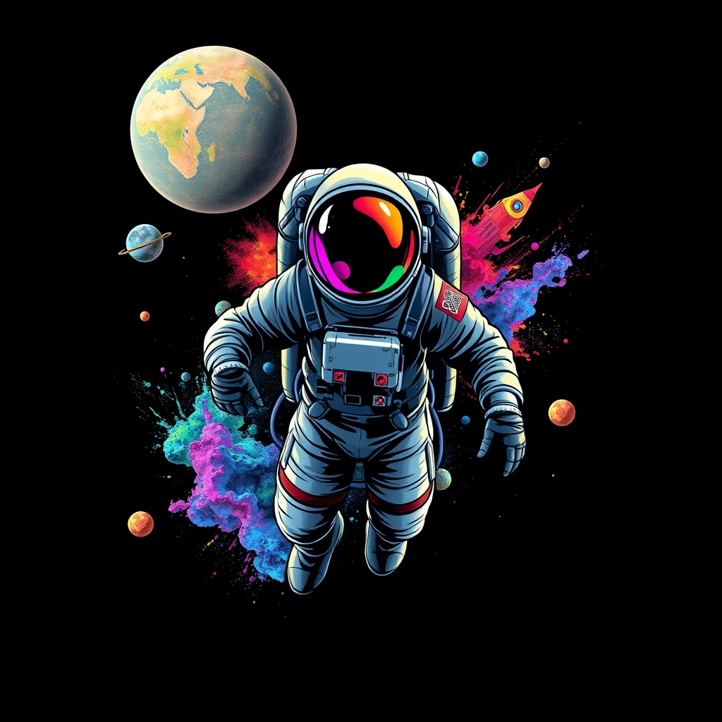 A design of an astronaut in space for a black t-shirt with a detailed character illustration of the astronaut in space against colorful and vibrant contrasting elements on a black space background in the style of Grzegorz Domaradzki. The drawing is a hyperrealistic vector image.