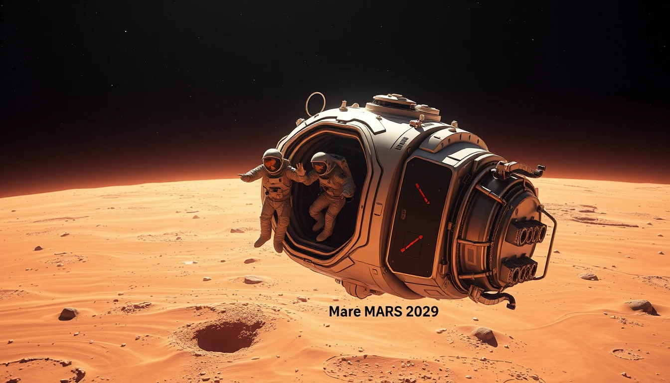 Astronauts landing on Mars from a spacecraft labeled as 'Mars 2029'.