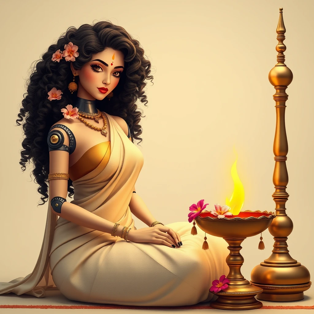 A voluptuous, tanned robot lady, with curly hair in minimalistic Keralite attire and bindi, wishing Onam with delicate flowers and sitting next to a traditional, tall brass lamp with wick and oil, from Kerala.