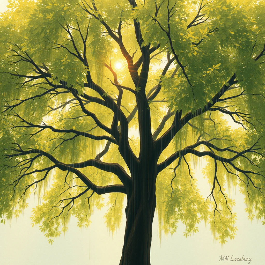 a hyperrealistic painting of a tree with soggy raining down on it, in the style of god rays, with an overall light palette of subtle yellows and greens illuminated by natural light.