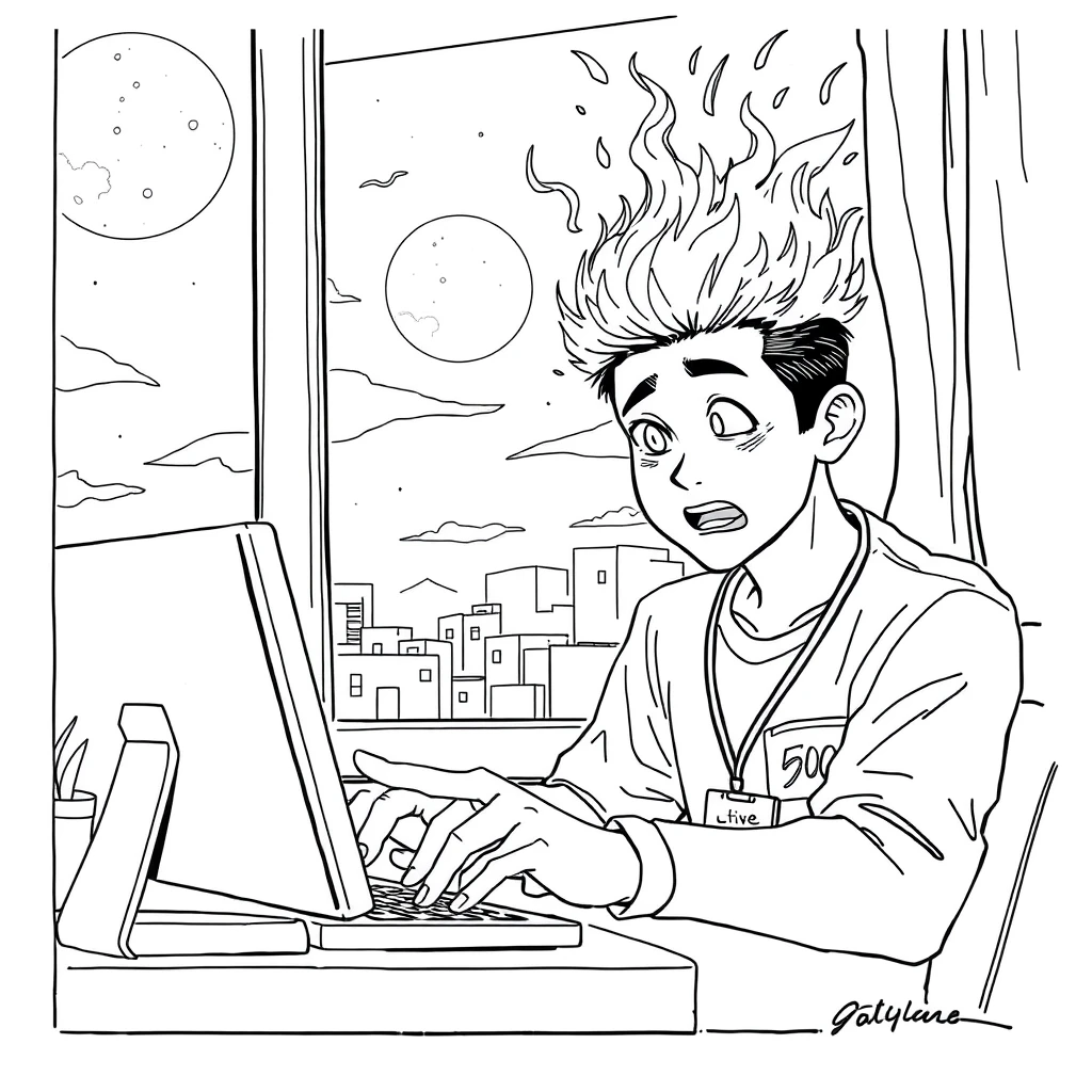 lineart comic, A young Asian man working like crazy, his head on fire, the moon outside the window. The man had an ID tag that said "500." - Image