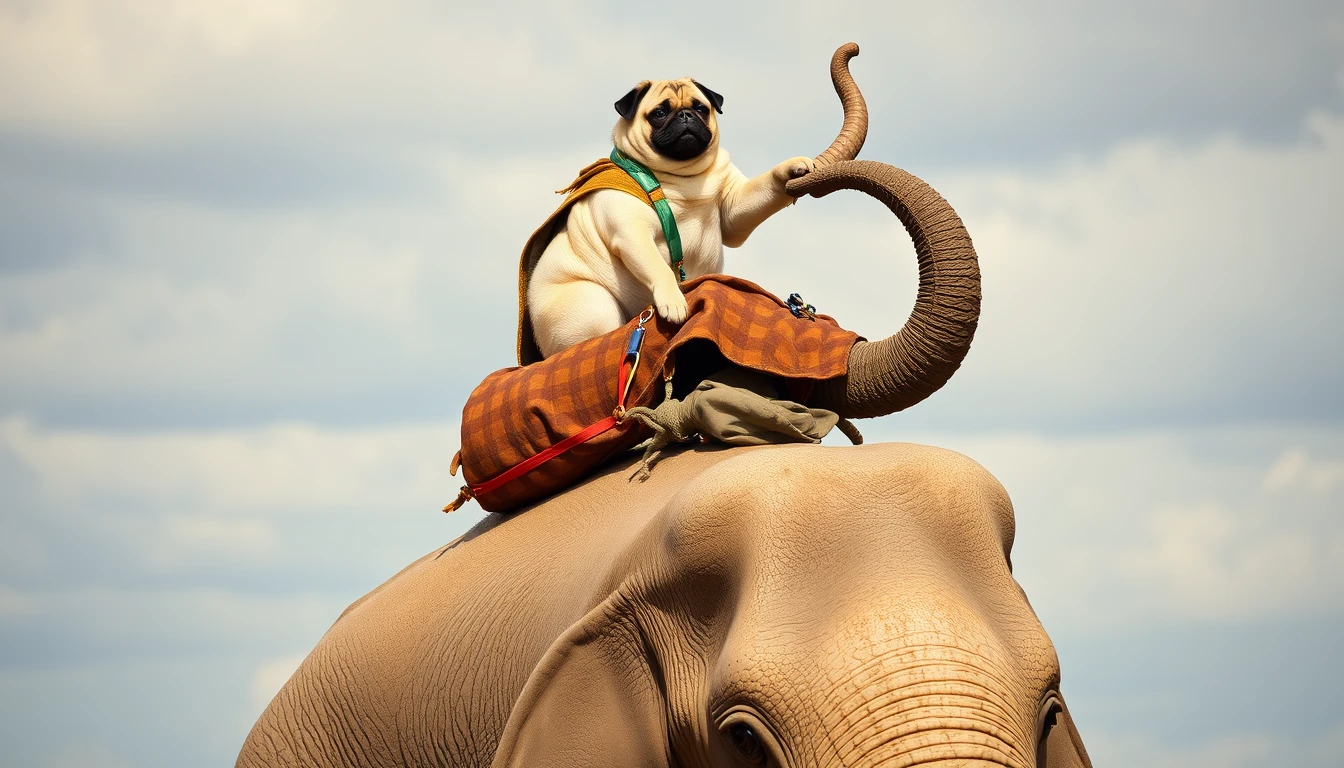 A pug riding an elephant