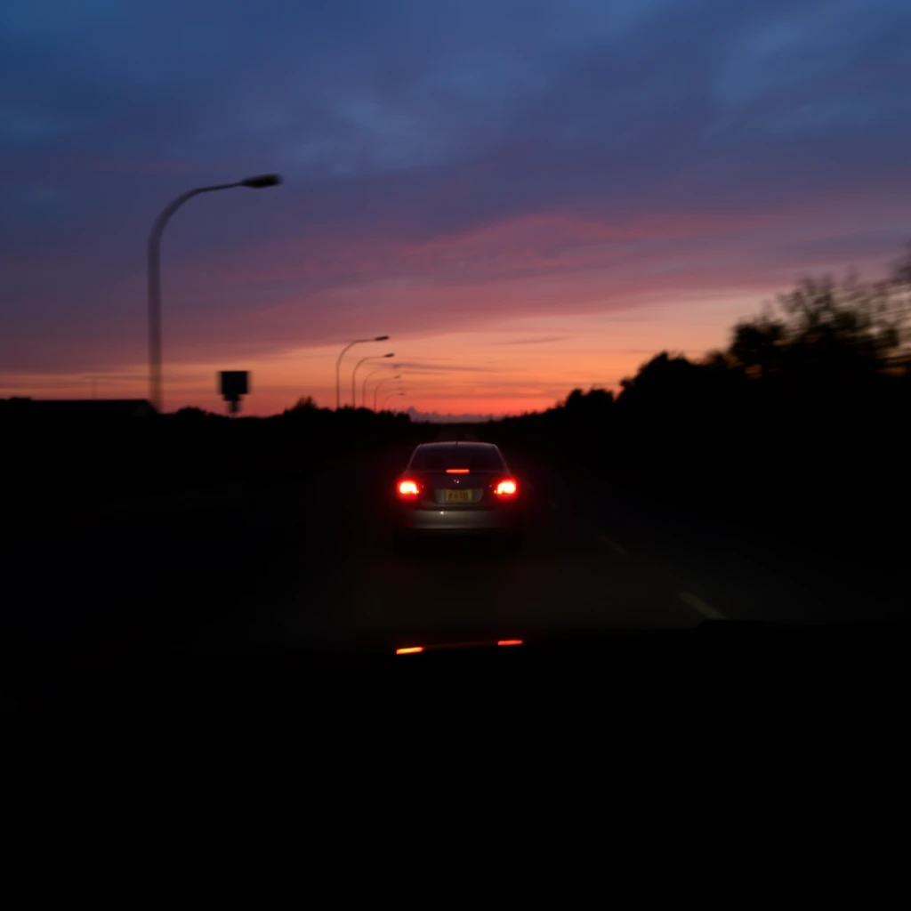 'A car drives towards the fading light of dusk.  
Dusk is a little brighter, without needing dynamic blurriness.' - Image