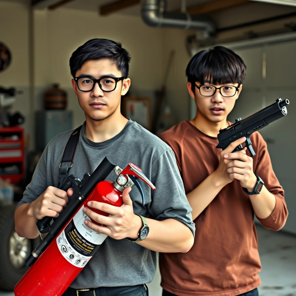 A 21-year-old very fair-skinned Italian man wearing round glasses and sporting short black hair is holding a very large fire extinguisher that resembles a flamethrower. Alongside him is a 21-year-old fair-skinned northern Chinese man with a thin, long face, wearing square glasses and mid/long black hair with a fringe, holding a Glock. Both look angry, exuding murderous intent, in a garage setting.