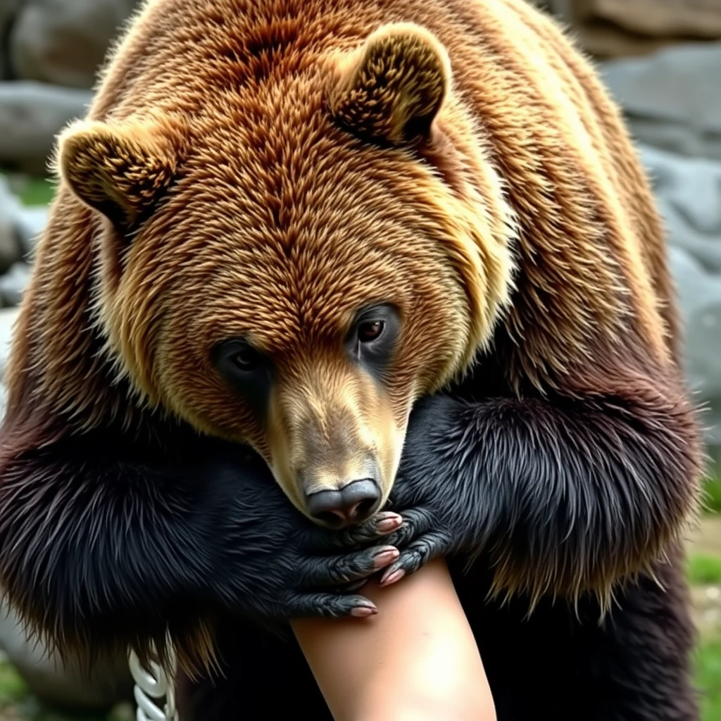 'A bear presses down on a person and holds onto them.' - Image