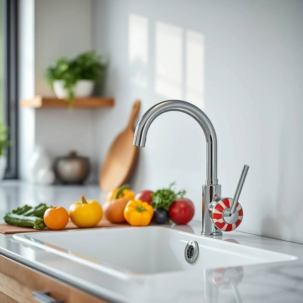 Generate a background image suitable for a faucet. In a modern kitchen, there is a ceramic sink with preferred fruits and vegetables placed next to it. The faucet should not be visible in the image. - Image