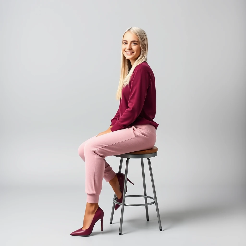 Shot from the side. A photo of a young female sitting on a stool against a solid light gray background. She is wearing a dark pink blouse and light pink sweatpants with dark pink high heels. Her long platinum blonde hair is straight and falls over her shoulders. She is sitting and facing the camera directly, smiling, with her arms relaxed by her sides and her feet slightly apart. The lighting highlights her toned physique and balanced posture, creating a sharp contrast between her figure and the light gray backdrop. The overall composition is minimalistic, focusing attention entirely on the subject. - Image