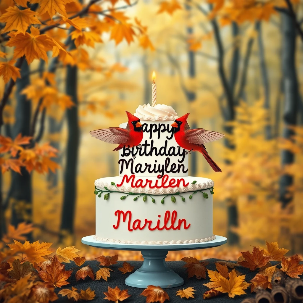 Birthday cake in an autumn maple forest that says "Happy Birthday Marilyn" with two cardinals showing the cake with their wings. - Image