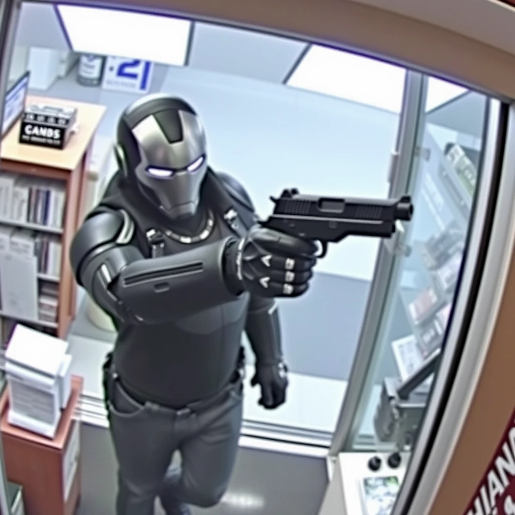 CCTV footage of Ironman robbing a bank at gun point