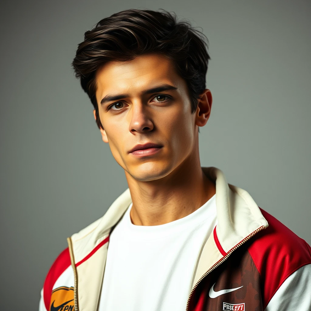 Freddie Prinze head and body shot, handsome, young, serious face, white Nike T-shirt, collage jacket.