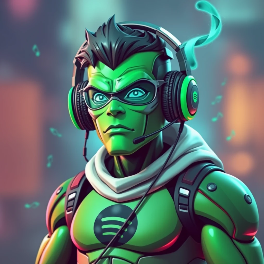 Spotify-styled superhero, green, wearing headphones, music notes, high tech, realistic, nanites.