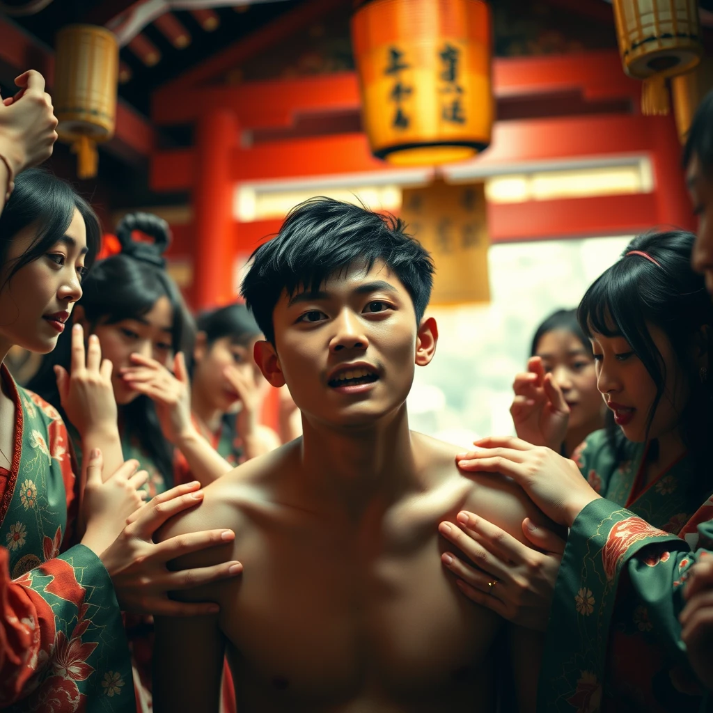 A nude Asian young man in a Japanese shrine, scared, struggling, streaming tears, reality, looking at the viewer, many beautiful oirans wearing oiran clothes caught him, grabbing his arms, putting makeup on him. - Image