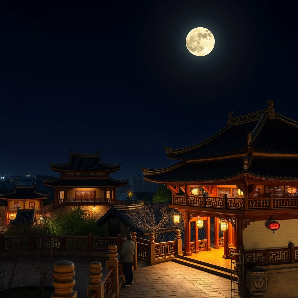 "Ancient style, Chinese beauty, standing on ancient architecture, at night, the moon is very bright." - Image