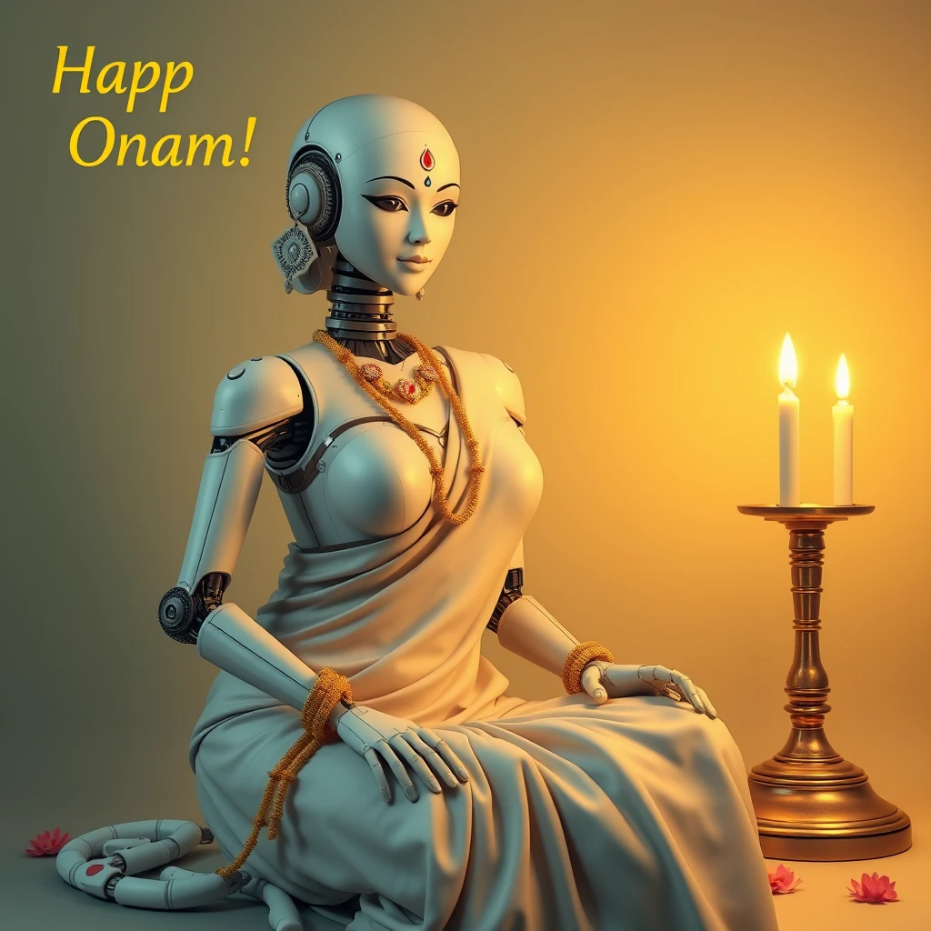 A voluptuous and busty robot lady, in minimalistic Keralite attire and bindi, wishing Onam with delicate flowers and sitting next to a tall traditional brass lamp from Kerala (not candles). - Image