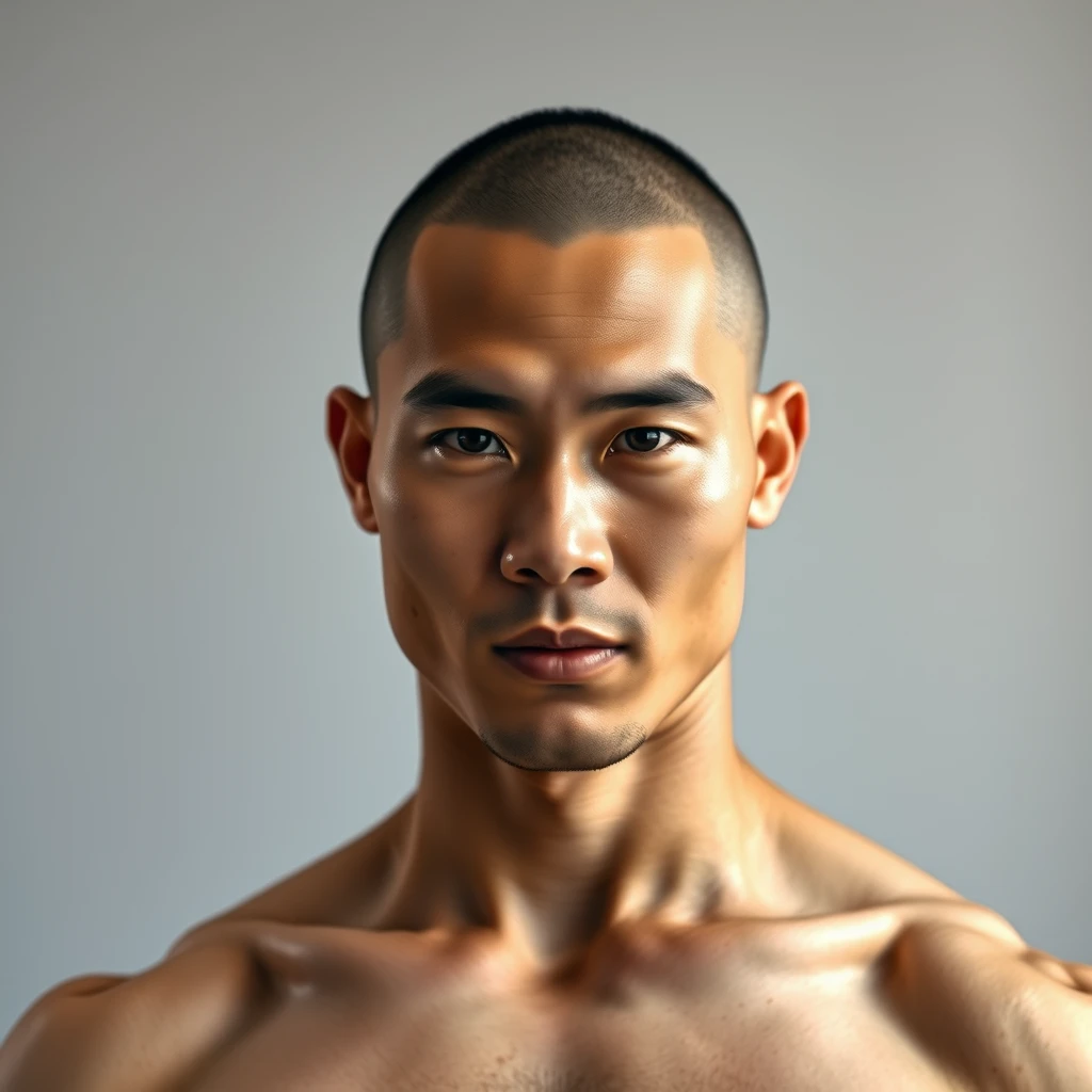 A full body portrait of a muscular Asian male, buzz cut, high definition, 32k UHD, real.