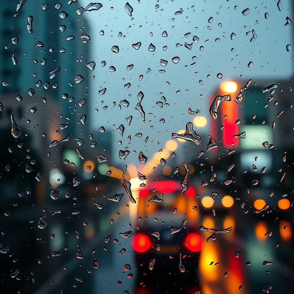 Rain drops fall on the glass on the rainy morning in Tehran, in the style of Sudarsan Pattnaik, punk rock aesthetic, enigmatic tropics, Y2K aesthetic, Windows Vista, light brown and brown, Prateep Kochabua.