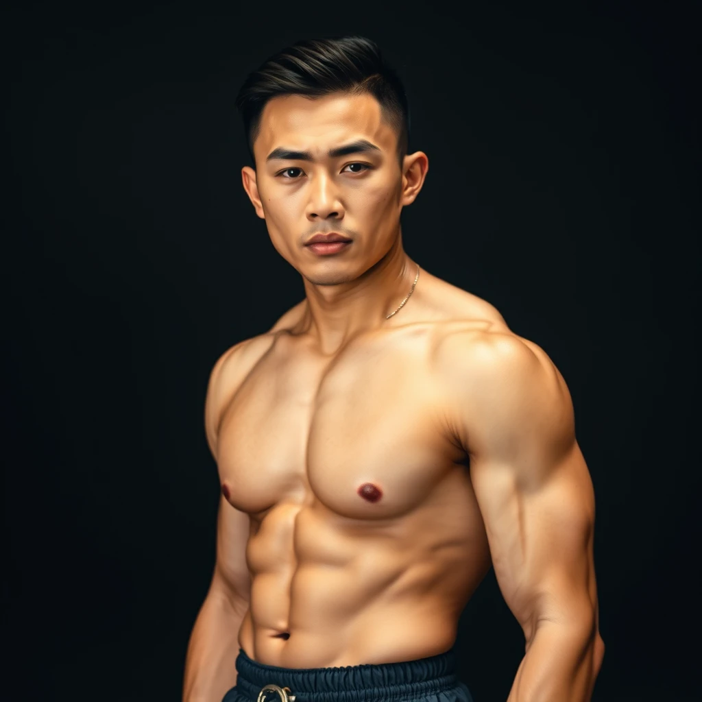 A full body portrait of a muscular Asian male, buzz cut, HD, 32K UHD, real. - Image