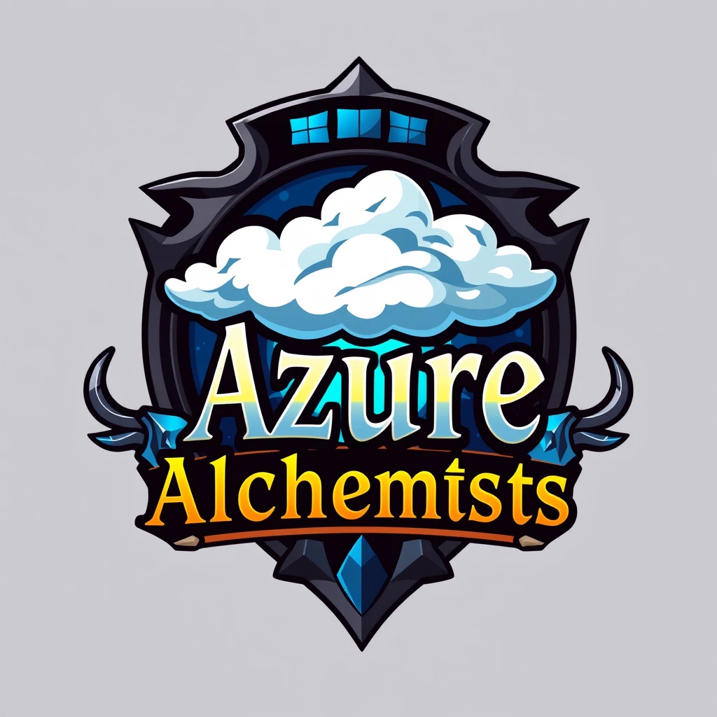 A logo for a team named "Azure Alchemists". Should be in a fantasy style, high-detailed, include Azure Cloud logo and Microsoft logo. Should include "Azure Alchemists" written on the bottom.