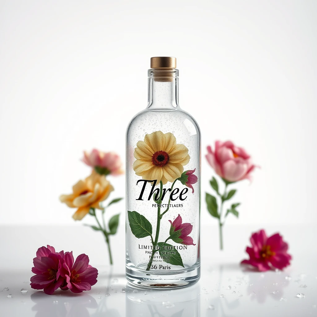 Realistic photography, limited edition glass cosmetic bottles from Paris, with "Three" and representative floral images printed on the glass bottle, set against a white background. The bottle features dew on its surface, showcasing epic visual effects and exquisite printing technology, intricate details, and rich embellishments.