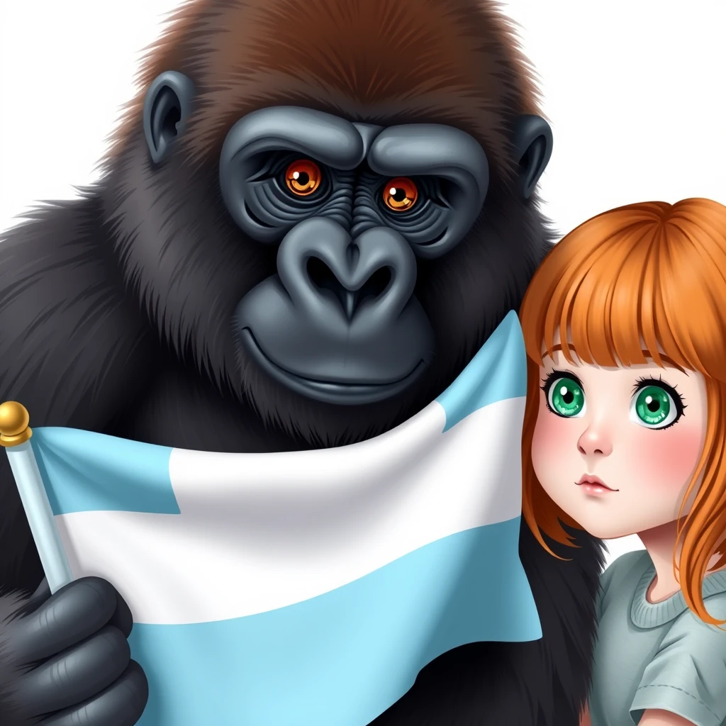 A gorilla holding a three-striped flag of light blue, white, and light blue next to a cute ginger-haired teenage girl with green eyes and bangs.