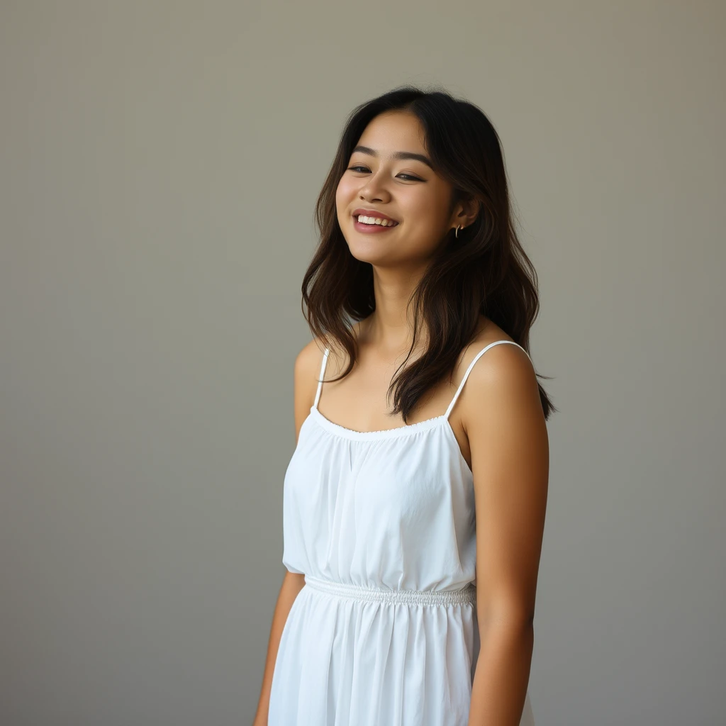 A serene, blissful scene of a young woman in a white dress. The scene feels authentic and unpolished.