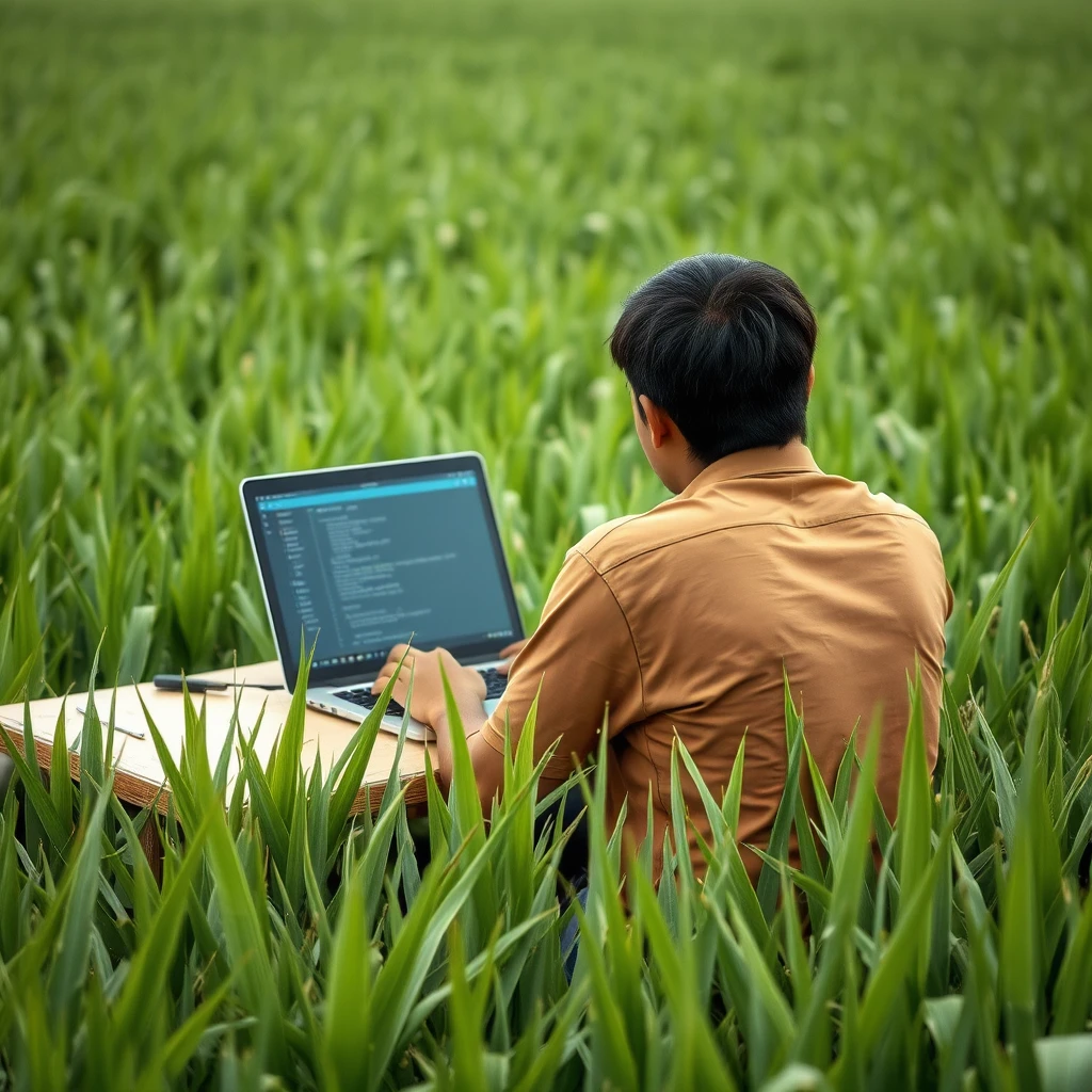 "An IT person is coding in the middle of a dense rice field at a table, where the rice plants even creep up to the IT table. It is a close-up view from behind; however, it is actually evident that the IT person has a handsome face, although it is still seen from behind. He is Indonesian and has beautiful hair."