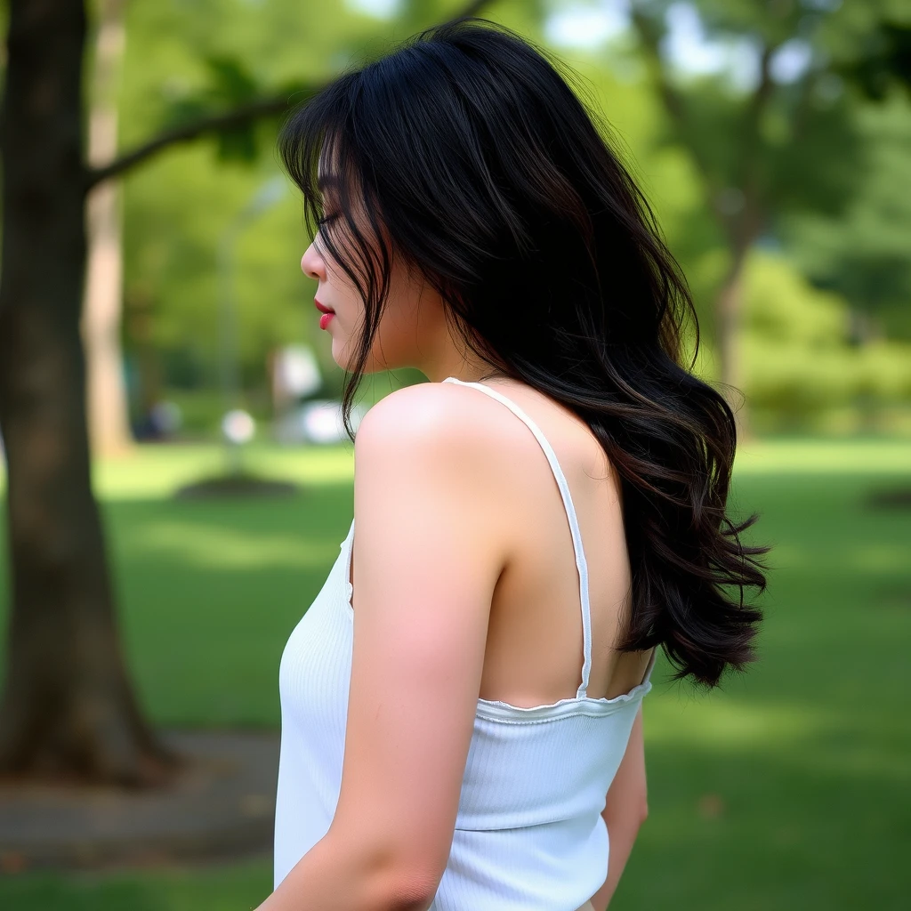 A beautiful Korean woman, ulzzang, wearing a tank top, sweating, in a park, with curves.