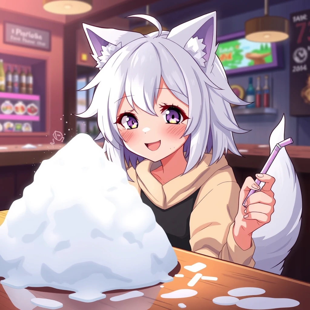 A cute teen anime girl with fluffy wolf ears and a fluffy tail, messy medium-length white hair, and purple eyes is sitting at a table in a bar. On the table is a tiny mountain of snow. The girl looks at the snow with a big, crazy smile and is holding a straw in her right hand. - Image