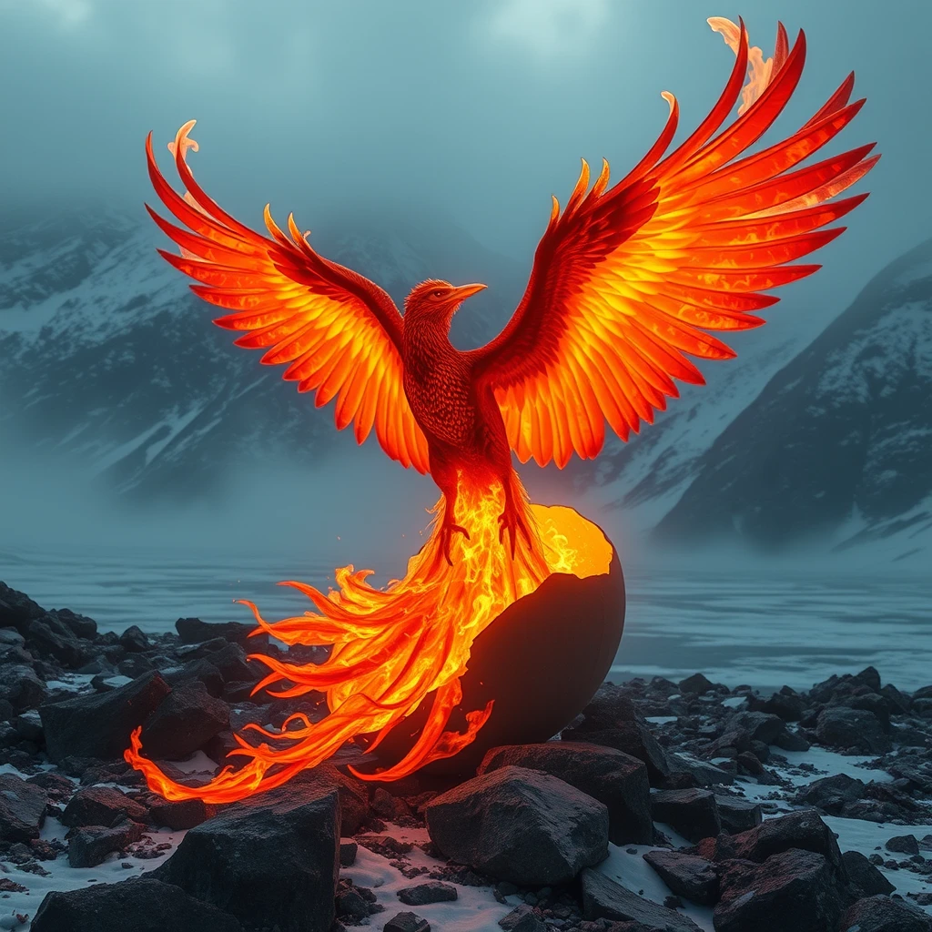 And once again there was Félix, the Phoenix. She had just hatched from a huge and transcendental egg, appearing to be about 30 meters long, and when she spread her wings, she reached 50. Her skin had a color similar to the fire of a fireplace, but more intense; her tail appeared to be the most vivid fire that any being could witness, approaching the divine. She was born in Norway, in a mountainous and icy region, which exuded a mystical and unreal air. - Image