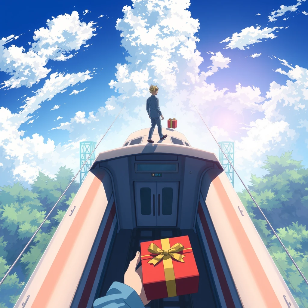 View from above, a man walking on top of an outside train which is moving towards the sky. A present box dropped from her hand, anime.