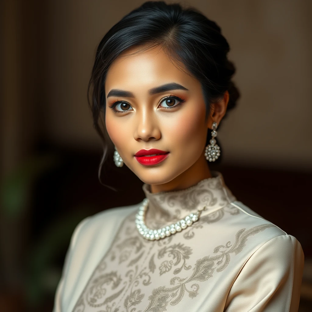 "Create an image of a beautiful Indonesian woman with fair skin. She should be portrayed in an elegant and tasteful manner, reflecting both beauty and confidence. Her attire should be stylish and sophisticated, highlighting her grace and poise. Ensure that the image is respectful and artistic, with a focus on showcasing her features and attire in a refined way. 8K HD"