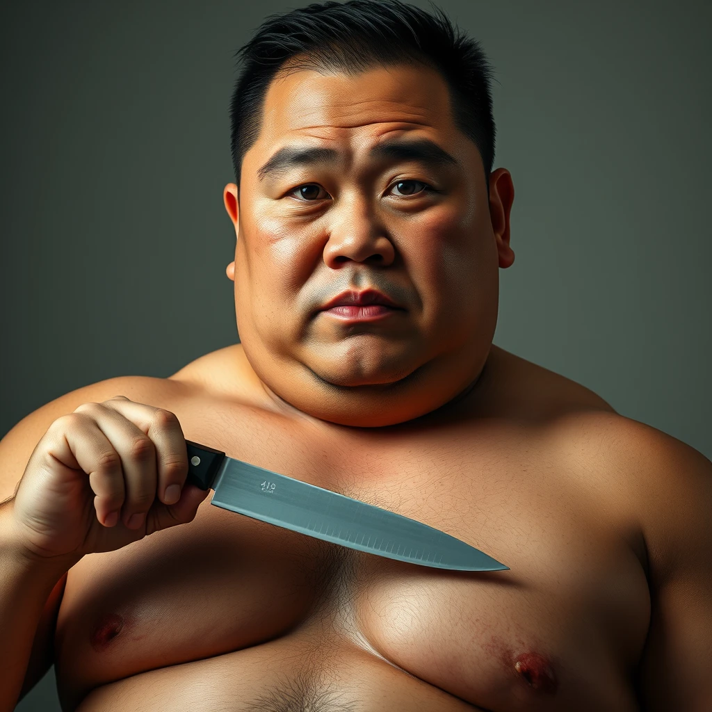 A portrait of an Asian muscular fat man, looking at the viewer, 4k, gut stabbing with a knife.