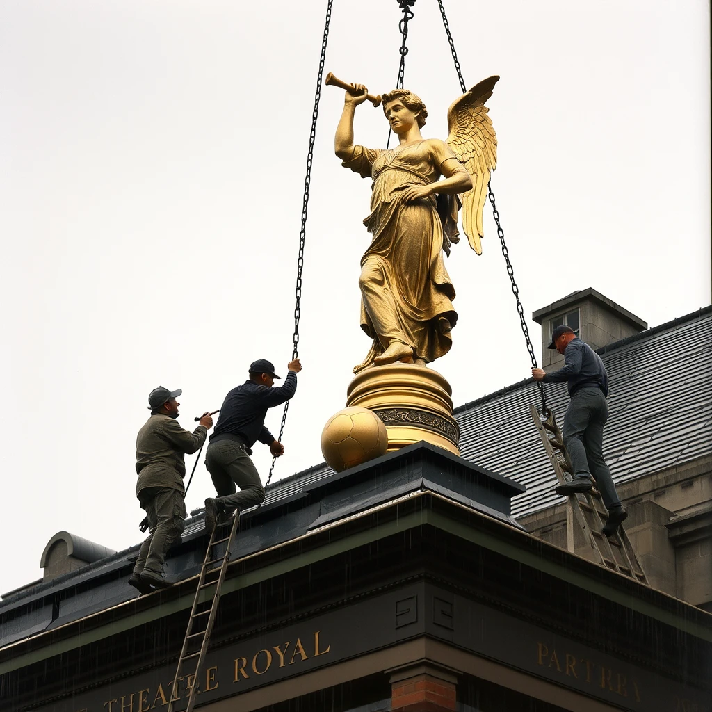 A highly detailed photograph depicting four men, removing an 8-foot tall gilt statue of 'Victory' who is holding an angel horn and standing on a small ball, from the roof of The 'Theatre Royal' in Chatham, 1897. It's raining, dark, and overcast. - Image