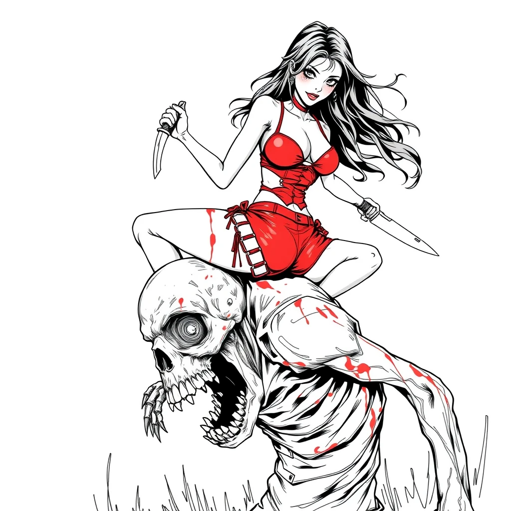 A girl in red sexy battle leather underwear rides on a zombie's shoulder with her legs open, holding a knife and ready to kill the zombie. Line art.