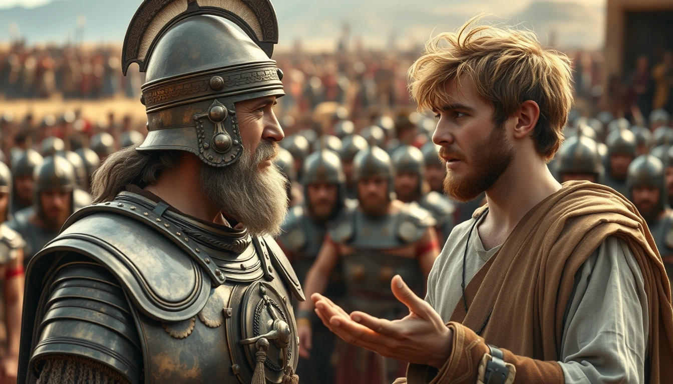 Create an image of two men arguing while onlookers crowd around. The man on the right is a young man with messy unkempt hair and a short beard and is wearing just a simple biblical-era shepherd’s tunic. The young man's face looks troubled, and he is looking intently into the eyes of the man he is arguing with and is gesturing with his right hand, palm facing skyward, as if he is explaining something to a middle-aged Mesopotamian king, who is wearing a full suit of bronze-age Mesopotamian armor, including a conical helmet with a pointed tip. The armor is made up of layers of laminated strips of bronze. The background shows a blurred crowd of soldiers also wearing armor similar to the king. Further in the background, on the horizon stands a blurred gathering of a large biblical-era army. - Image