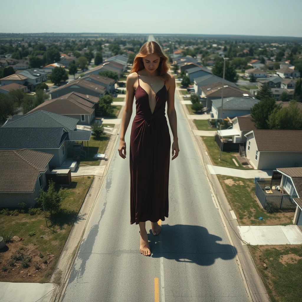 Aerial view of a town, 50-meter tall giant woman standing in a neighborhood street barefoot, realistic shadow. - Image