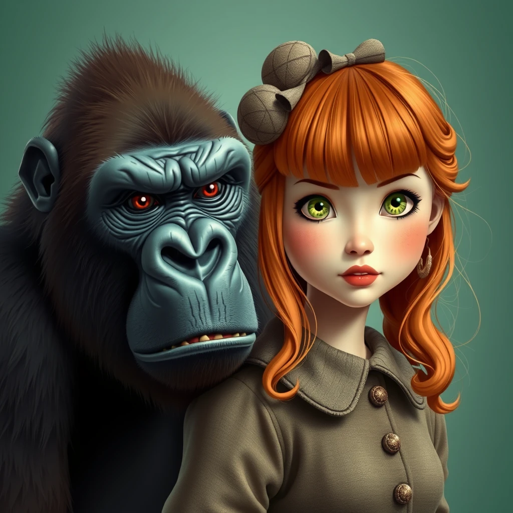 Fierce gorilla next to a cute ginger Russian girl with green eyes and bangs in vintage style. - Image