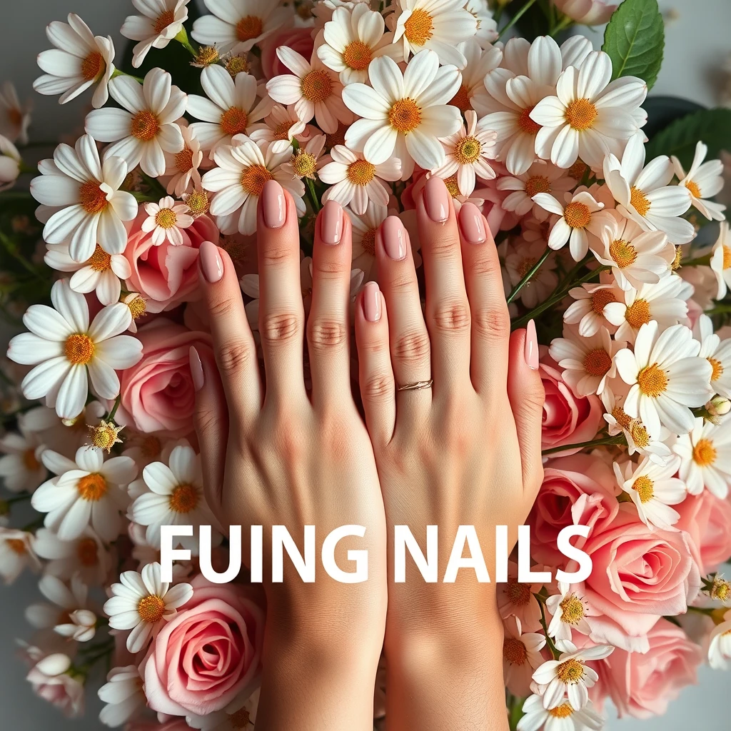 A pair of hands with nude nail art, e-commerce photography, surrounded by flowers, with many stars around the hands, poster design, text message: FUING NAILS