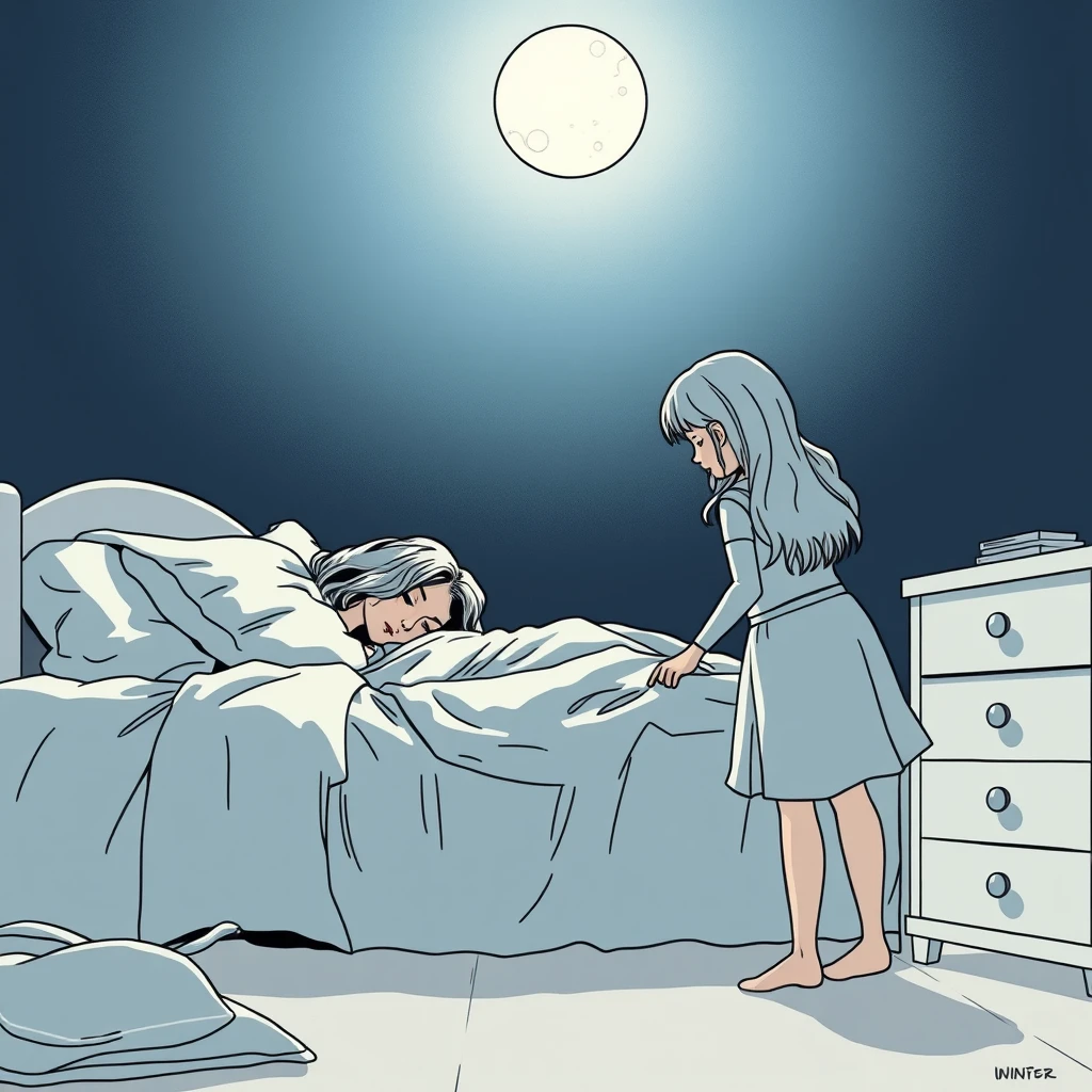 Side view of the bed where there is a woman sleeping on the bed while her daughter standing nearby is opening a drawer, dark night, moonlight, atmosphere, comic line art.