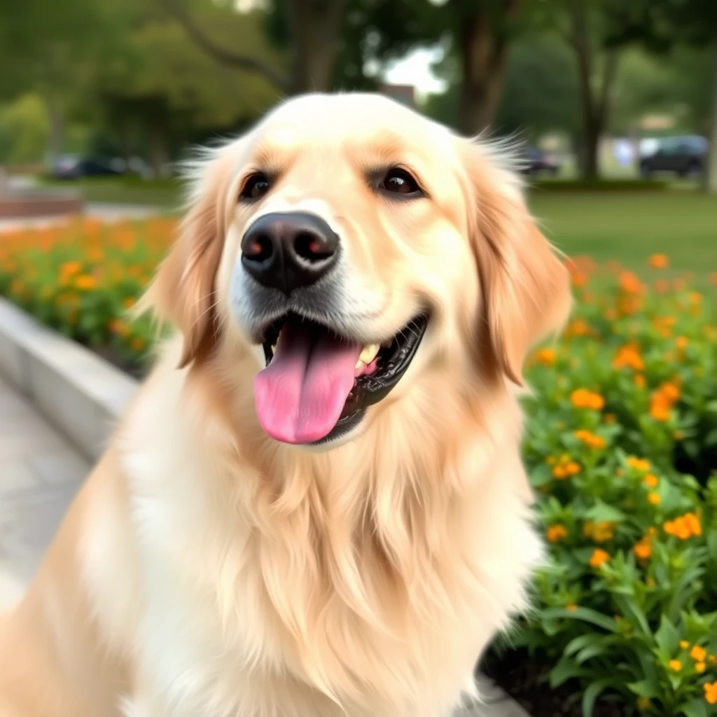 A very cute and healing golden retriever is smiling and looking at me, and the environment beside him is a park. - Image