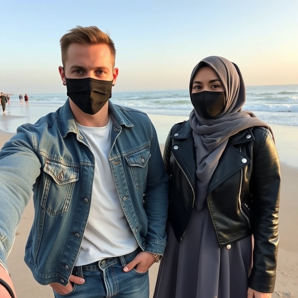 Jamie Dornan's head and body shot, handsome, black face mask, denim jacket, jeans, dating the biggest grey hijab Muslim girl, beautiful eyes, black face mask, black leather jacket, biggest skirt, at the beach, hyper-realistic, street photography, selfie. - Image