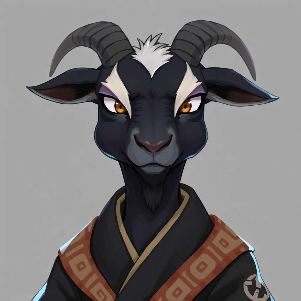 A humanoid black goat with a serious stare, wearing a black kimono, 2D art. - Image