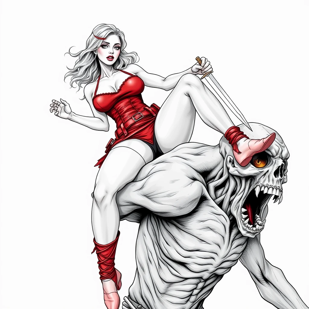 A tall mature woman in sexy red battle leather underwear rides on a zombie's shoulder with her legs open, holding a dagger and stabbing it into the zombie's head, line art.