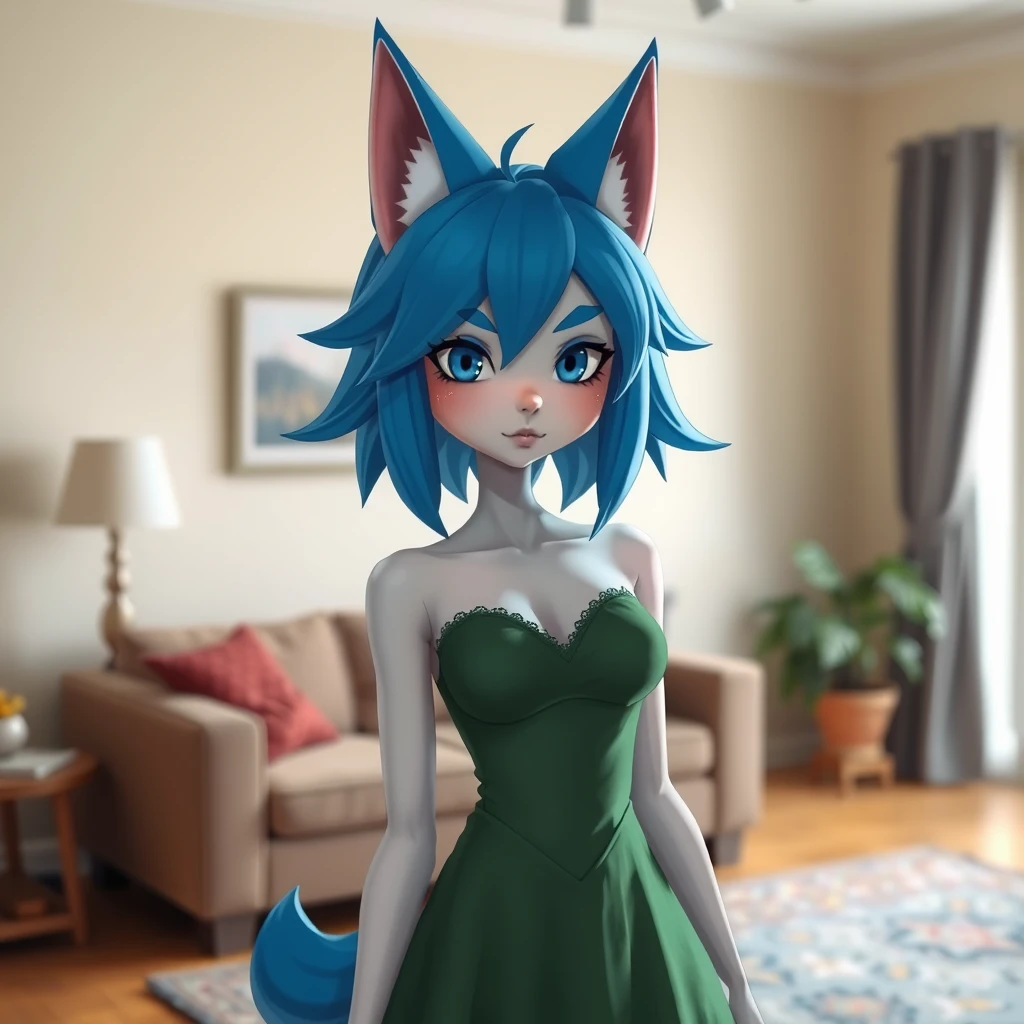 An anthropomorphic female humanoid with blue fur and pointy ears wearing a green dress, with a human-like face standing in a living room. - Image