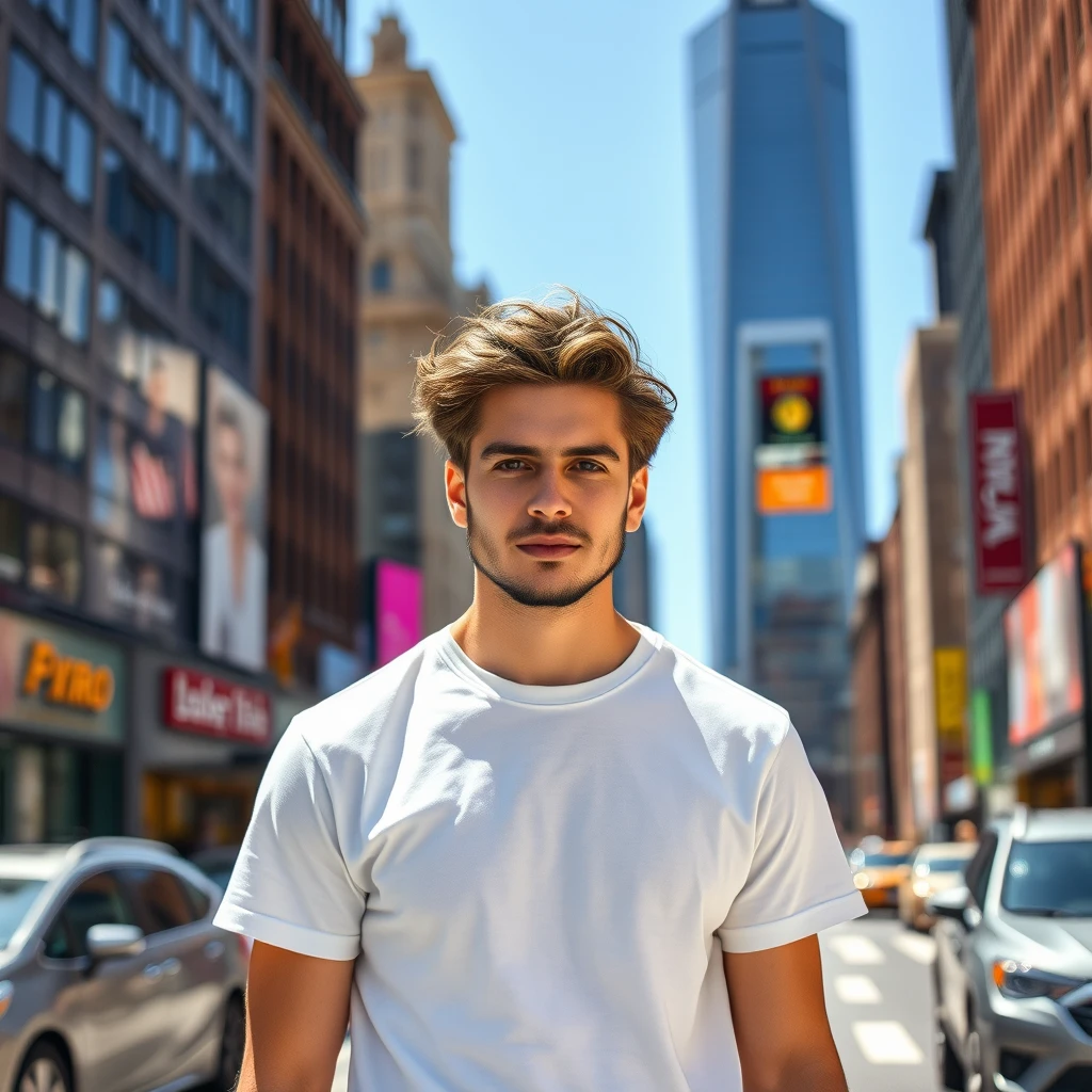 A male model, 30 years old, with brown hair, wearing a white t-shirt and blue jeans, in the middle of New York City. Make it look like an image shot on an iPhone.