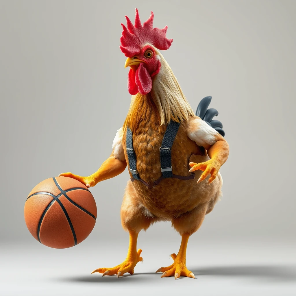 A chicken wearing suspenders and with a middle part hairstyle is playing basketball. - Image