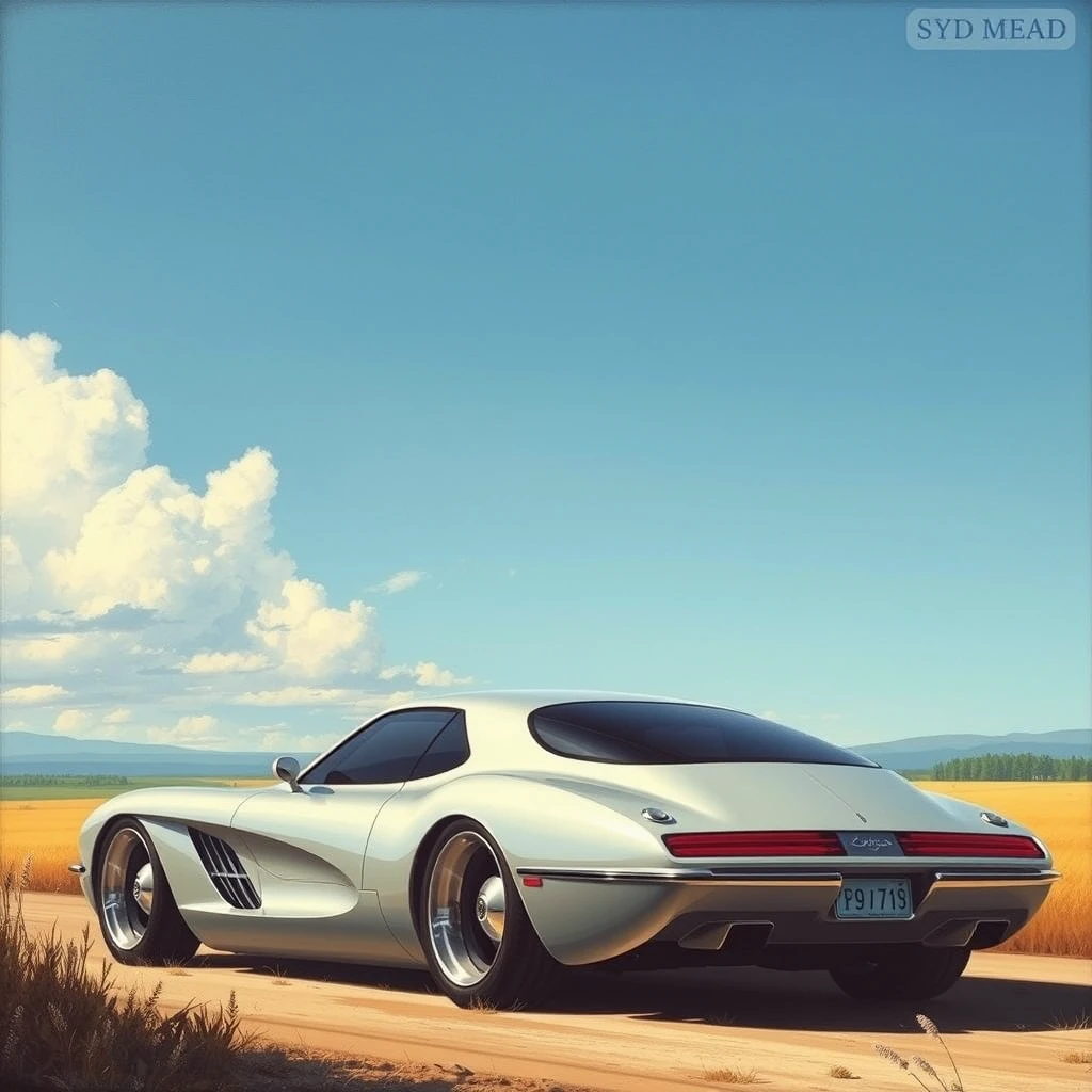 corner view, a retro-futuristic sports sedan concept, a painting by Syd Mead, sleek, country setting. - Image